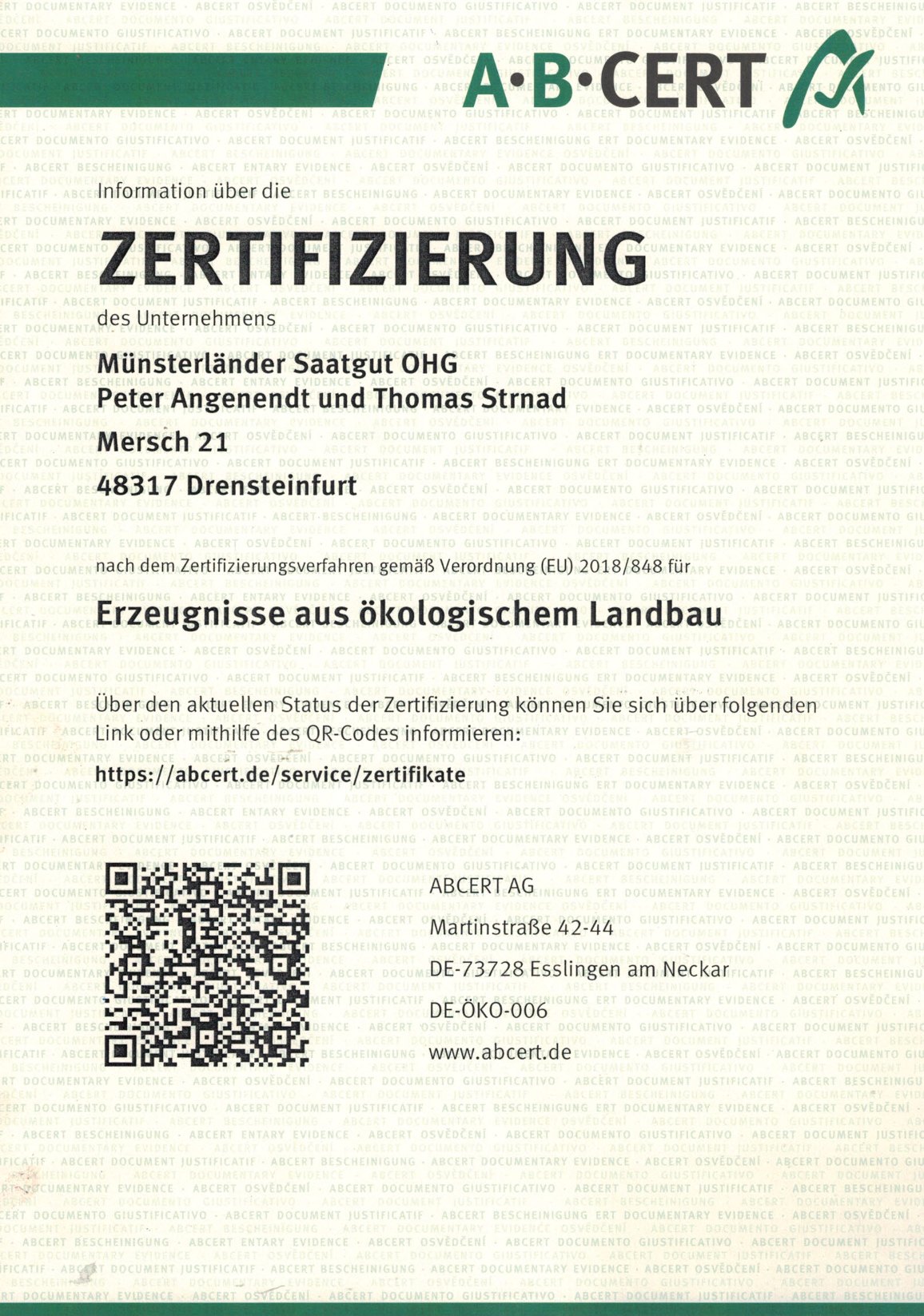 Bio-Zertifizierung der Münsterländer Saatgut OHG durch die Kontrollstelle ABCERT AG nach Verordnung (EU) 2018/848