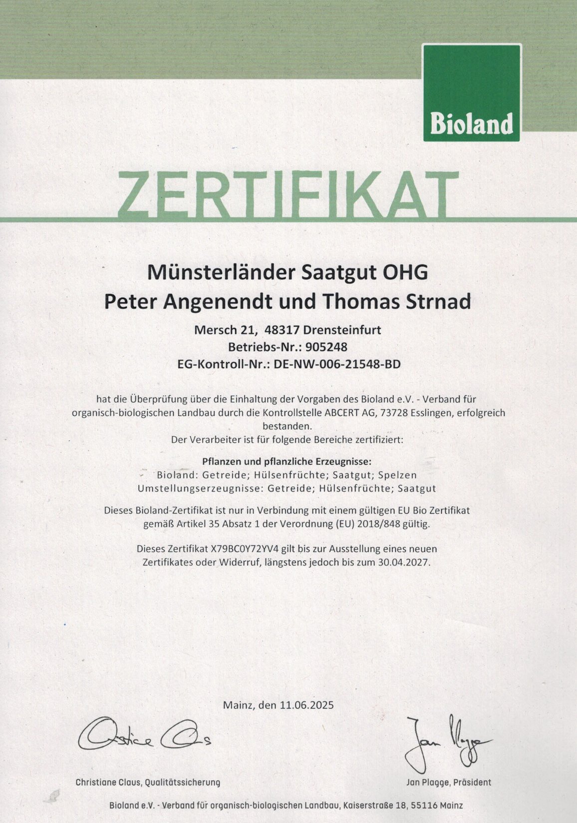 Bioland-Zertifikat der Münsterländer Saatgut OHG, gültig bis 30.04.2027
